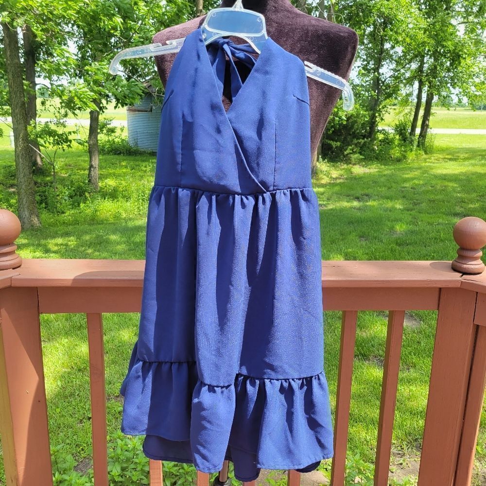 Shein Women's Blue Halter Neck Empire Waist Tie Back Tiered Dress,  sz 2 XS